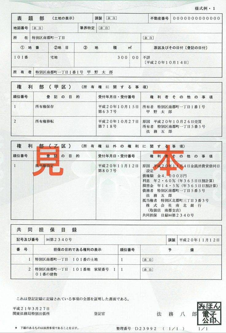 登記証明書のサンプル