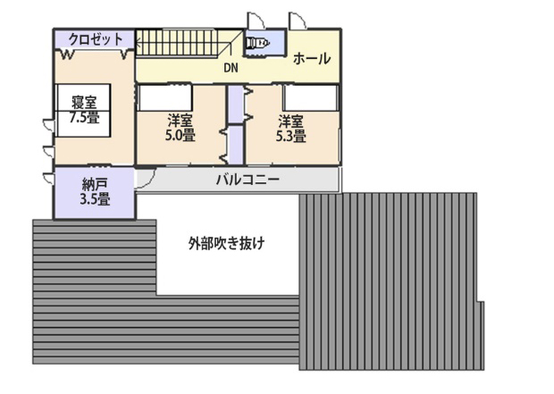 インナーガレージ付きの3LDK住宅の2F間取り図例